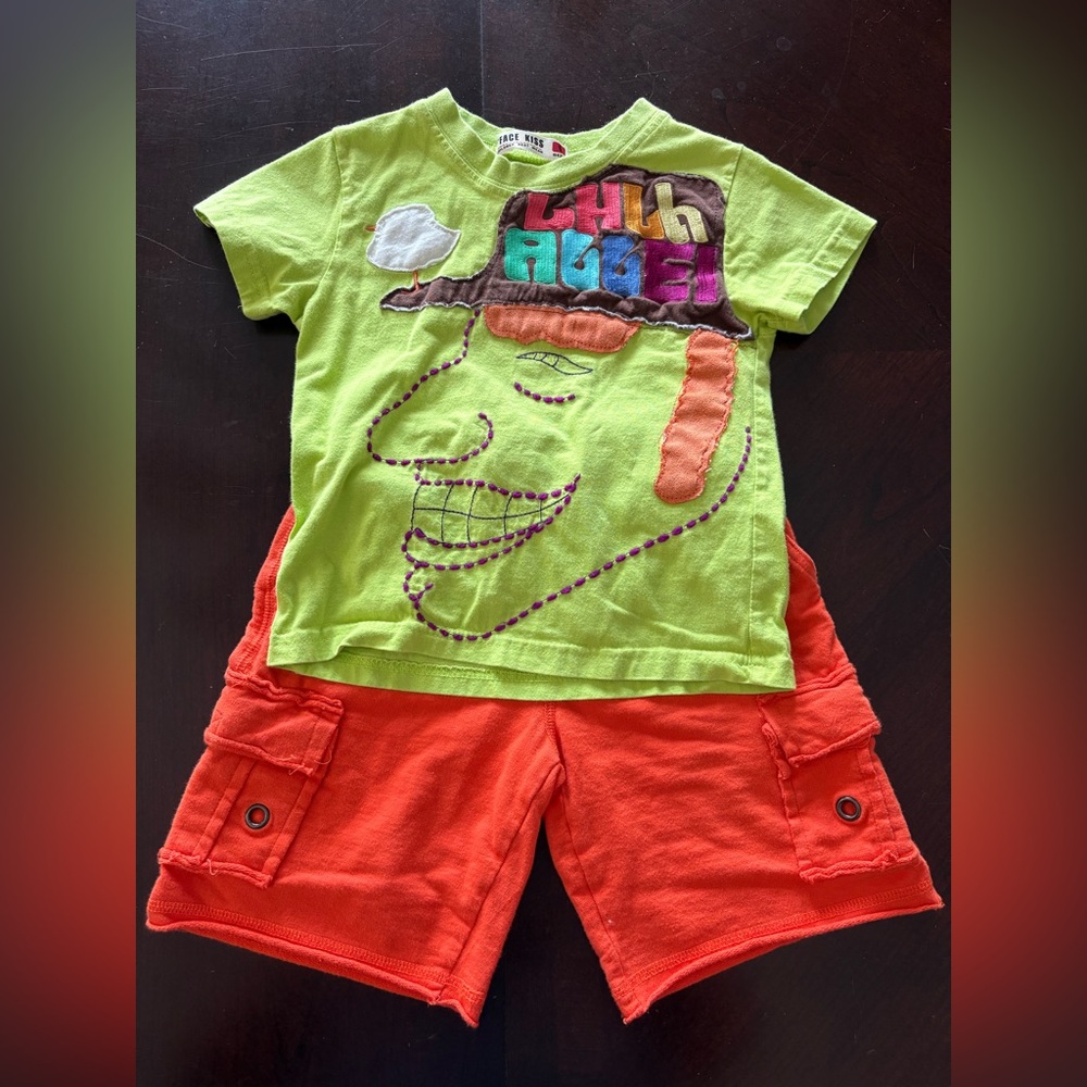 Lime green Graphic Tee and Orange Shorts Set